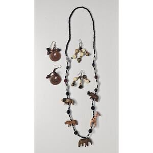 Bundle Wooden Carved African Animals NECKLACE EARRINGS Costume Jewelry Lot Gift